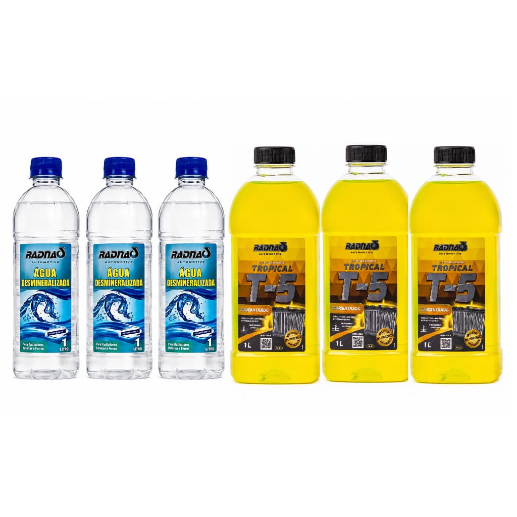 Kit 03 Aditivos Radiador T5 Long Life Concentrado Amarelo + 03 Litros Agua Radiador