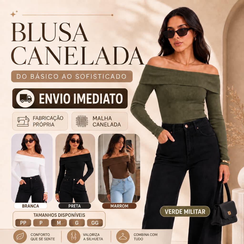 Kit 2 Blusas Femininas Manga Longa Canelada Ombro à Mostra Casual e Elegante Confortável