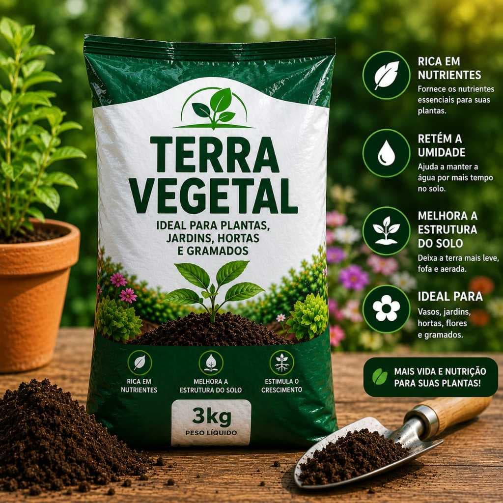 Terra Vegetal 3kg Adubada para Plantas, Vasos, Hortas, Jardins, Flores e Frutíferas