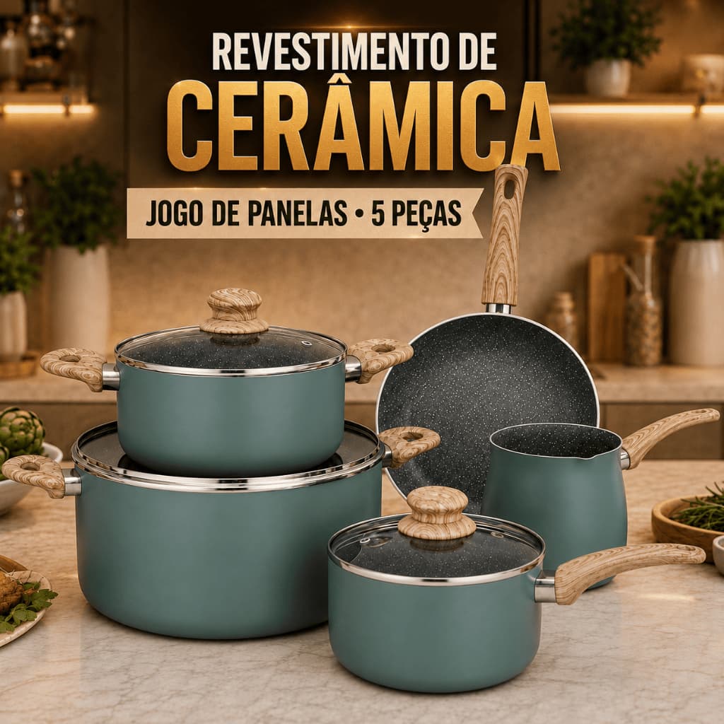 Jogo De Panelas Verde 5 Peças Antiaderente Cerâmica Indução Gás Fundo Triplo