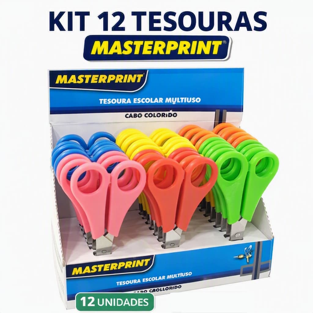 Tesoura Escolar Papelaria Caixa com 12 Unidades 13cm Sem Ponta Cabo Colorido Masterprint