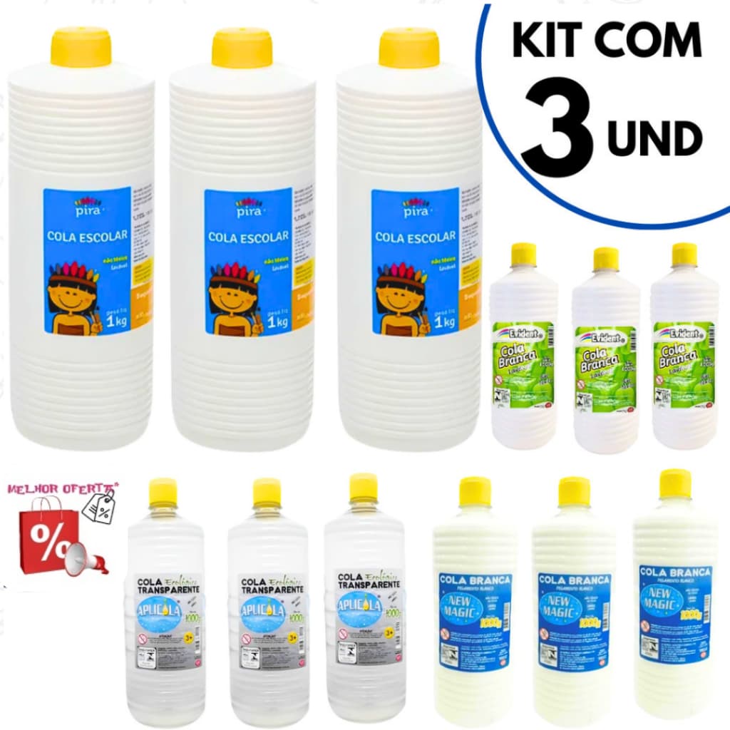 COLA BRANCA 1KG ESCOLAR LAVAVEL KIT 3 UNIDADES GARRAFA COLA LIQUIDA PIRATININGA