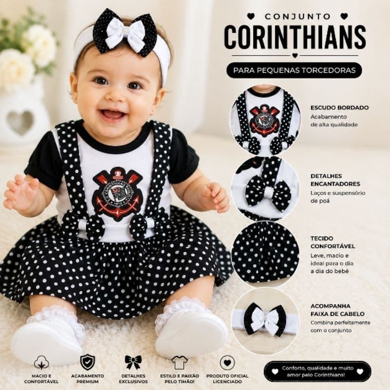 Body Bebê Corinthians Timão Suedine Torcedor Futebol Infantil Mesversário Menina