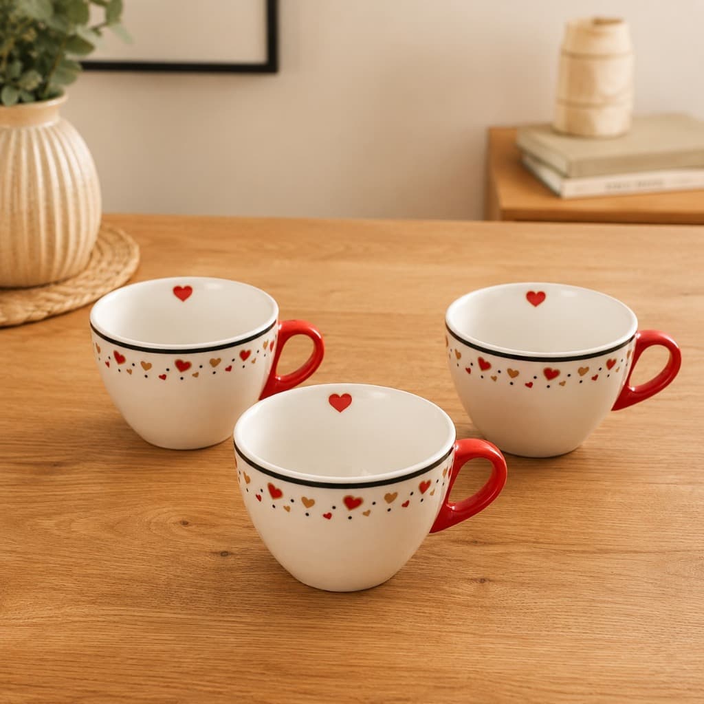 Kit 3 Xícaras de Porcelana 150ml Coração para Café Chá Cappuccino Presente Especial Ideal