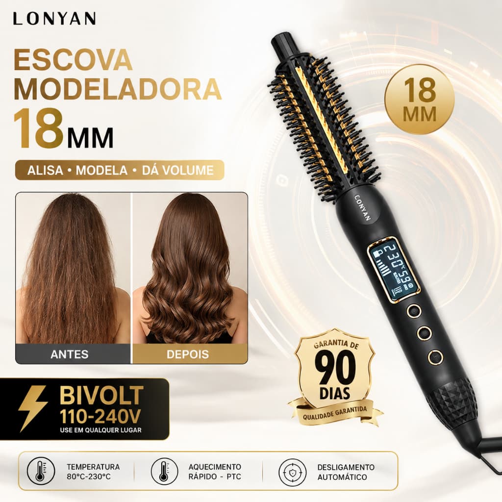 Escova Rotativa 18mm Bivolt 127V 220V Modelador de Cachos Profissional LONYAN Onda Anti Frizz Cerâmica Aquecimento LCD