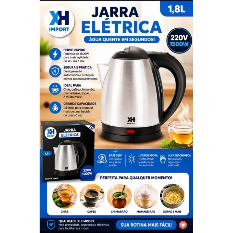 Jarra Elétrica 1,8L Inox 1500W 220V Chaleira Elétrica Água Quente Café Chá Chimarrão XH Import