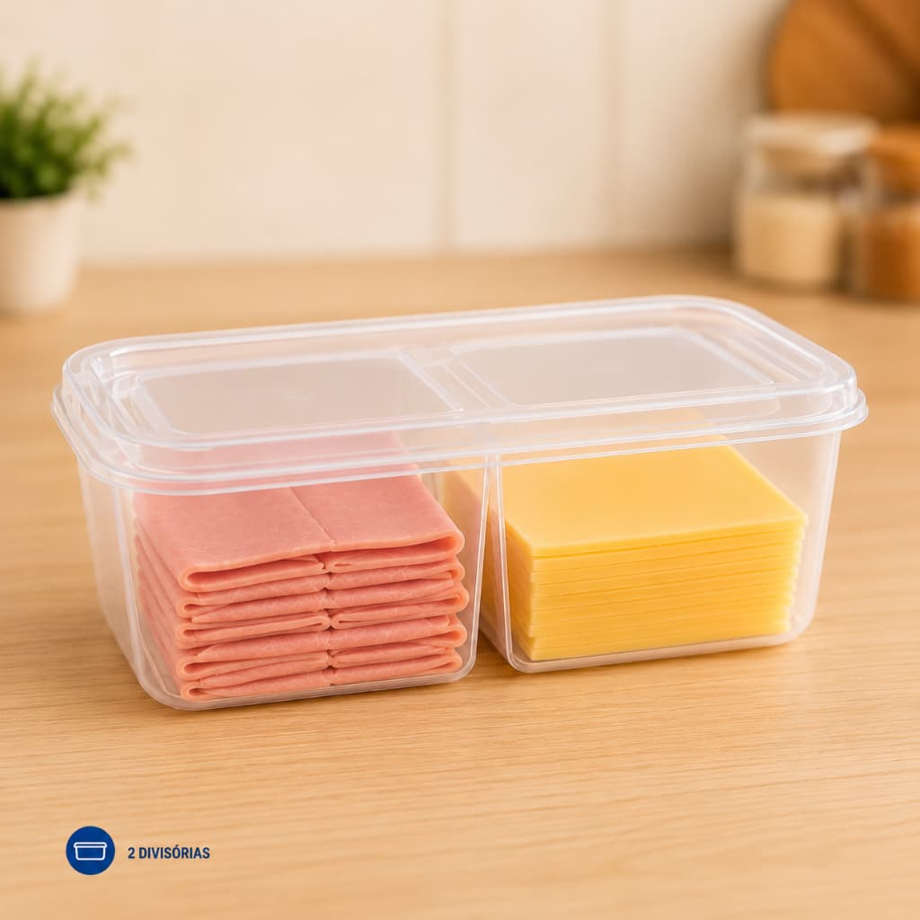 Porta Frios 2 Divisórias 1250ml Pote Organizador de Geladeira para Queijo Presunto e Frios