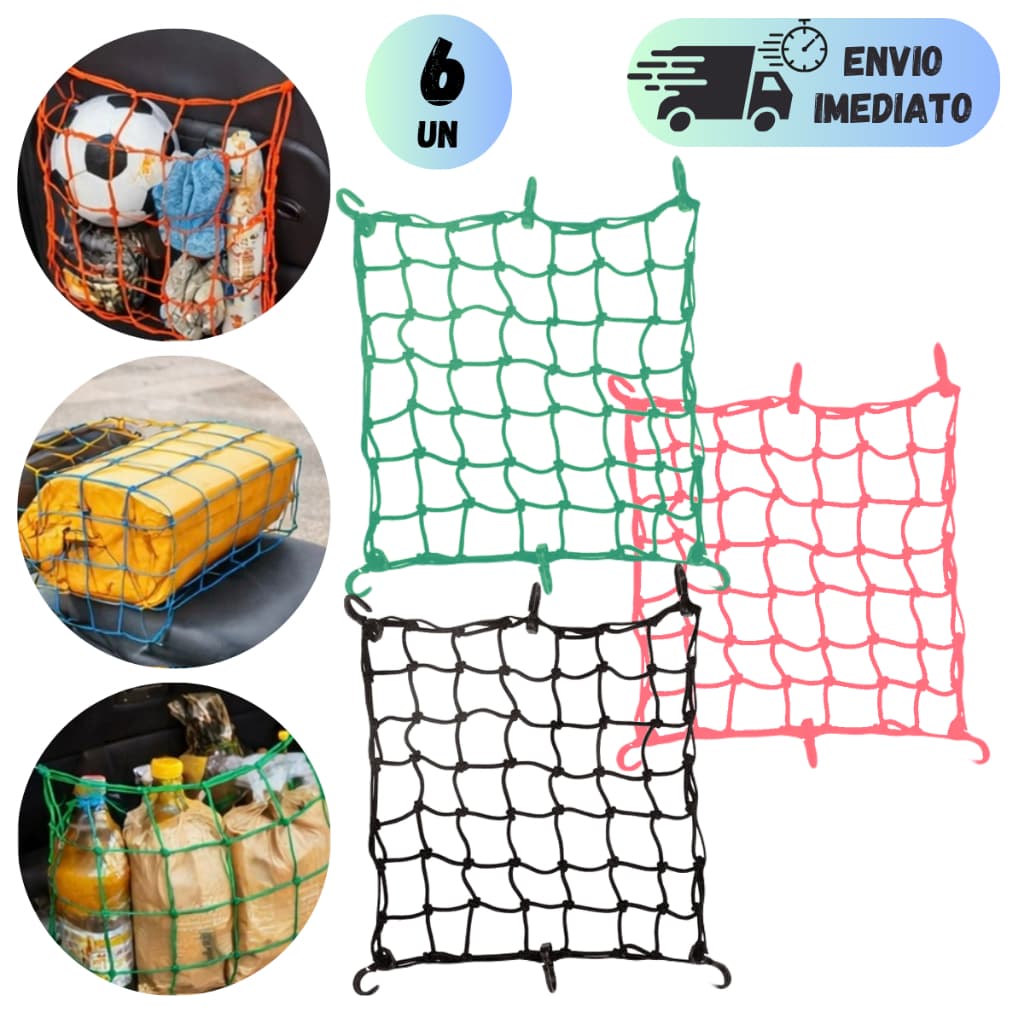 KIT REDE ARANHA 30X30CM PRA MOTO CARRO CAPACETE BAGAGEIRO CARGA MULTIUSO CORES SORTIDAS