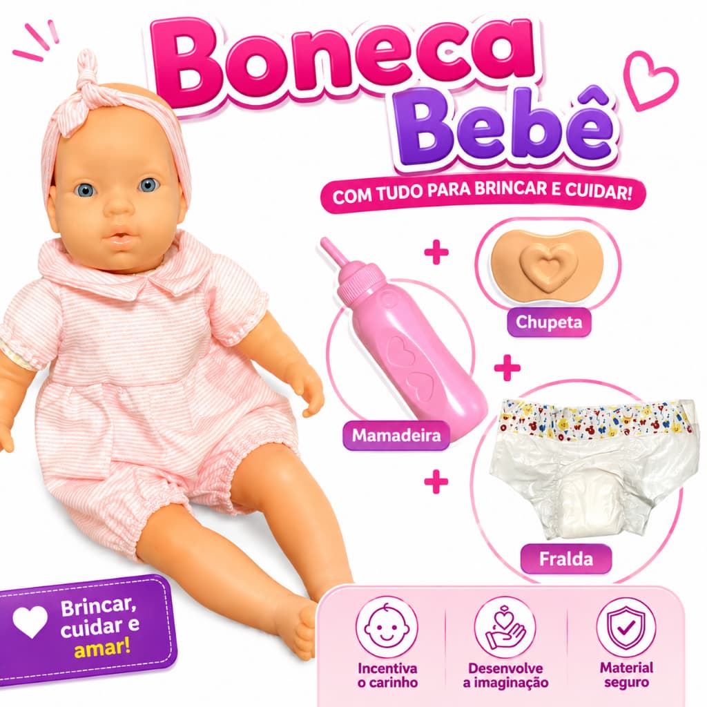 Boneca Bebê Kate Pupee 37cm com Mamadeira Fralda e Chupeta Brinquedo Infantil Menina Original