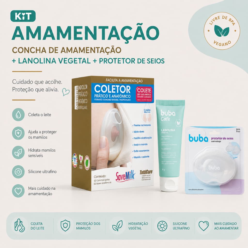 Kit Amamentação Completo Concha Amamentação SaveMilk + Lanolina Buba + Protetor de Bico