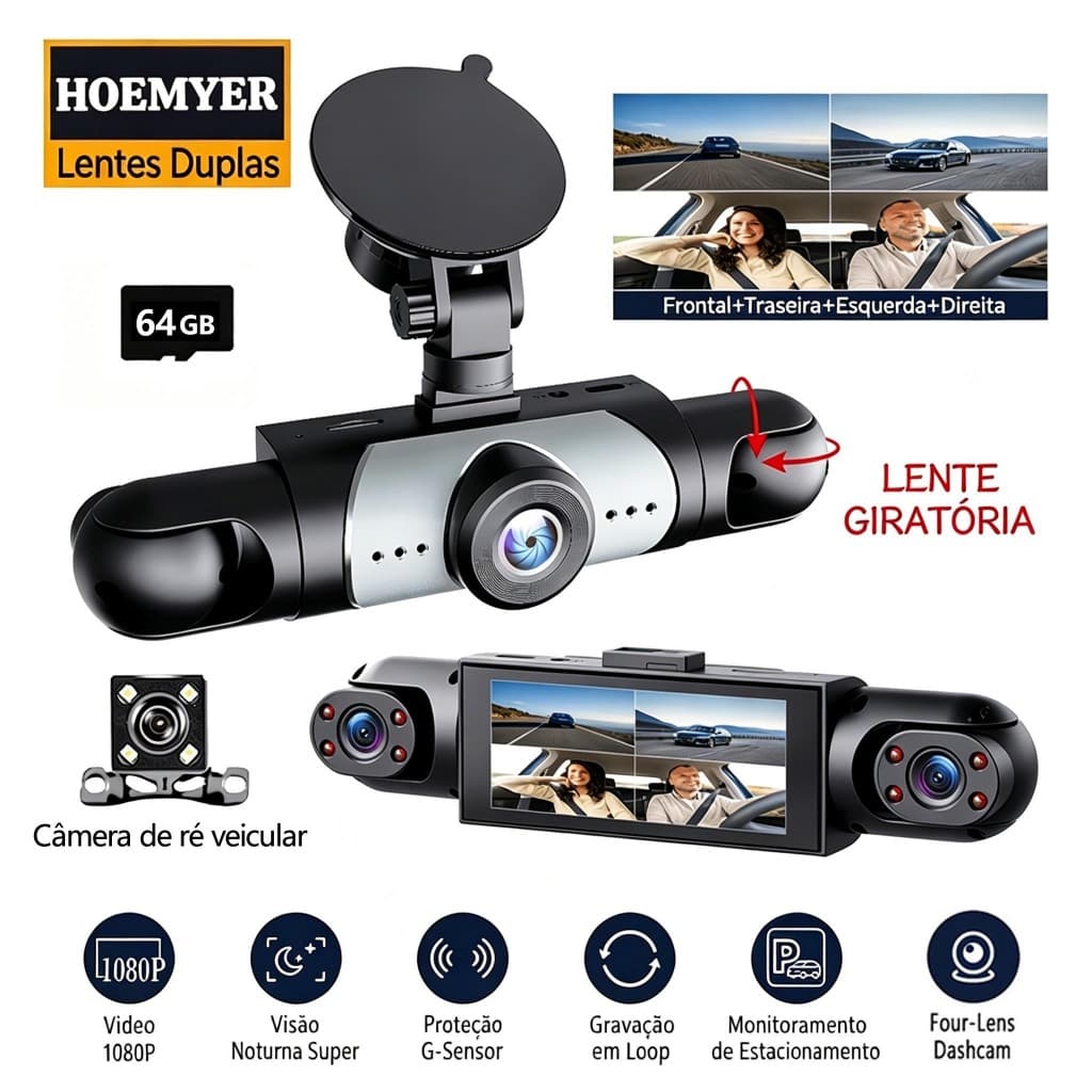 Gravador de vídeo veicular panorâmico 360°, gravador de monitoramento automático com 4 câmeras, cartão de memória de 64G