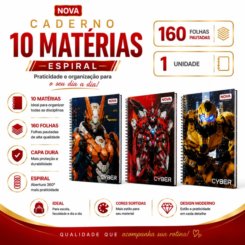 Caderno Estampas Capa Dura10 Matérias Universitário Personalizado CYBER 160 Folhas -