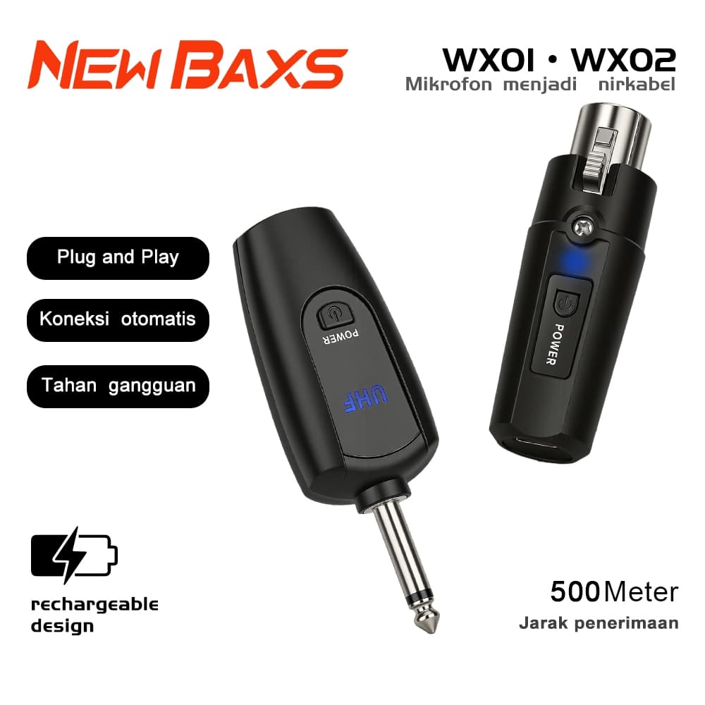 Conversor NEW BAXS WX01/WX02, transforma microfone com fio em microfone sem fio, 2‑canais UHF
