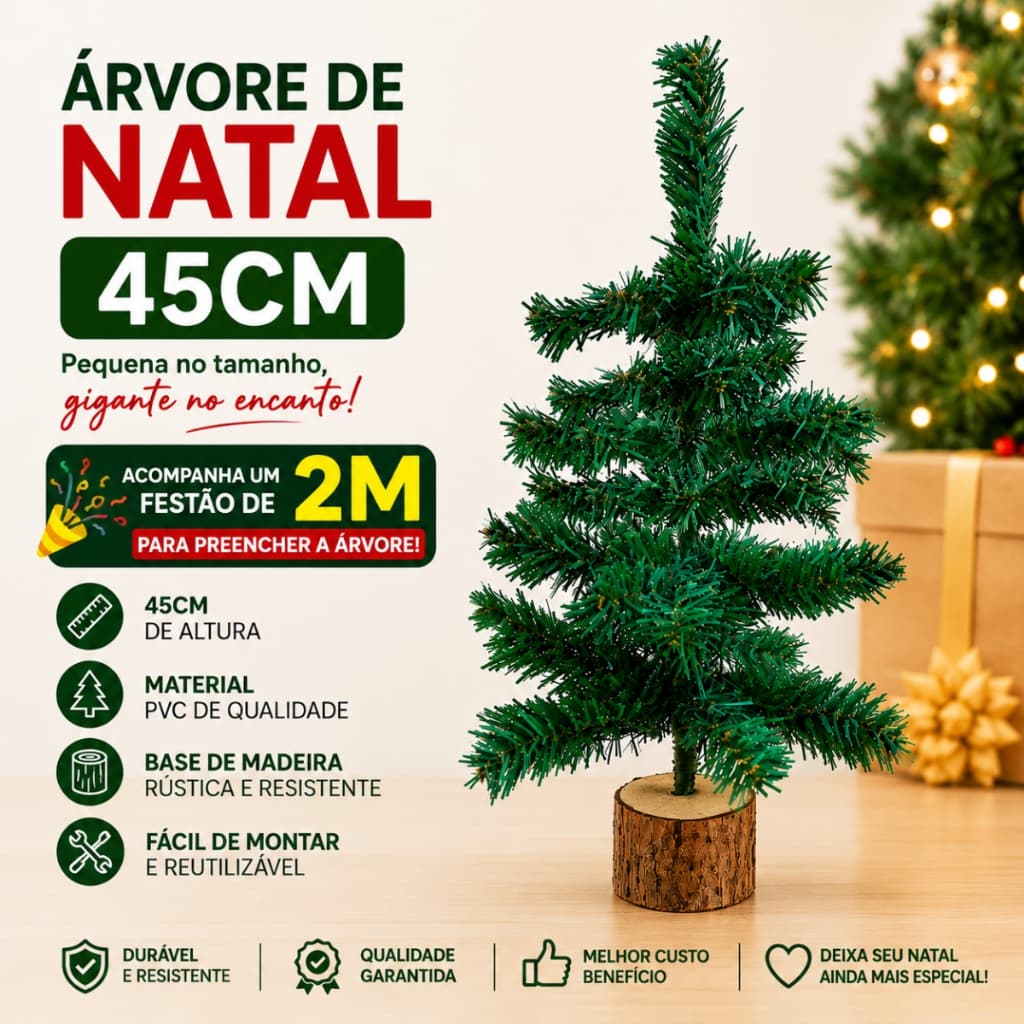 Árvore de Natal 45/30cm com Base de Madeira + Festão Verde 2 Metros Kit Decoração Natalina