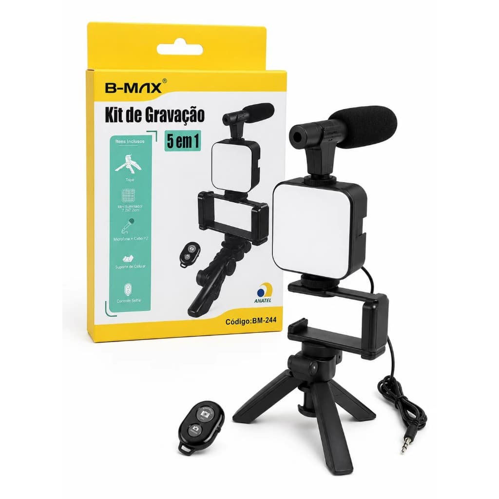 Kit de Gravação 5 em 1 para Celular, Tripé, Microfone, Iluminador LED e Controle Bluetooth, Suporte para Vídeos, Lives,