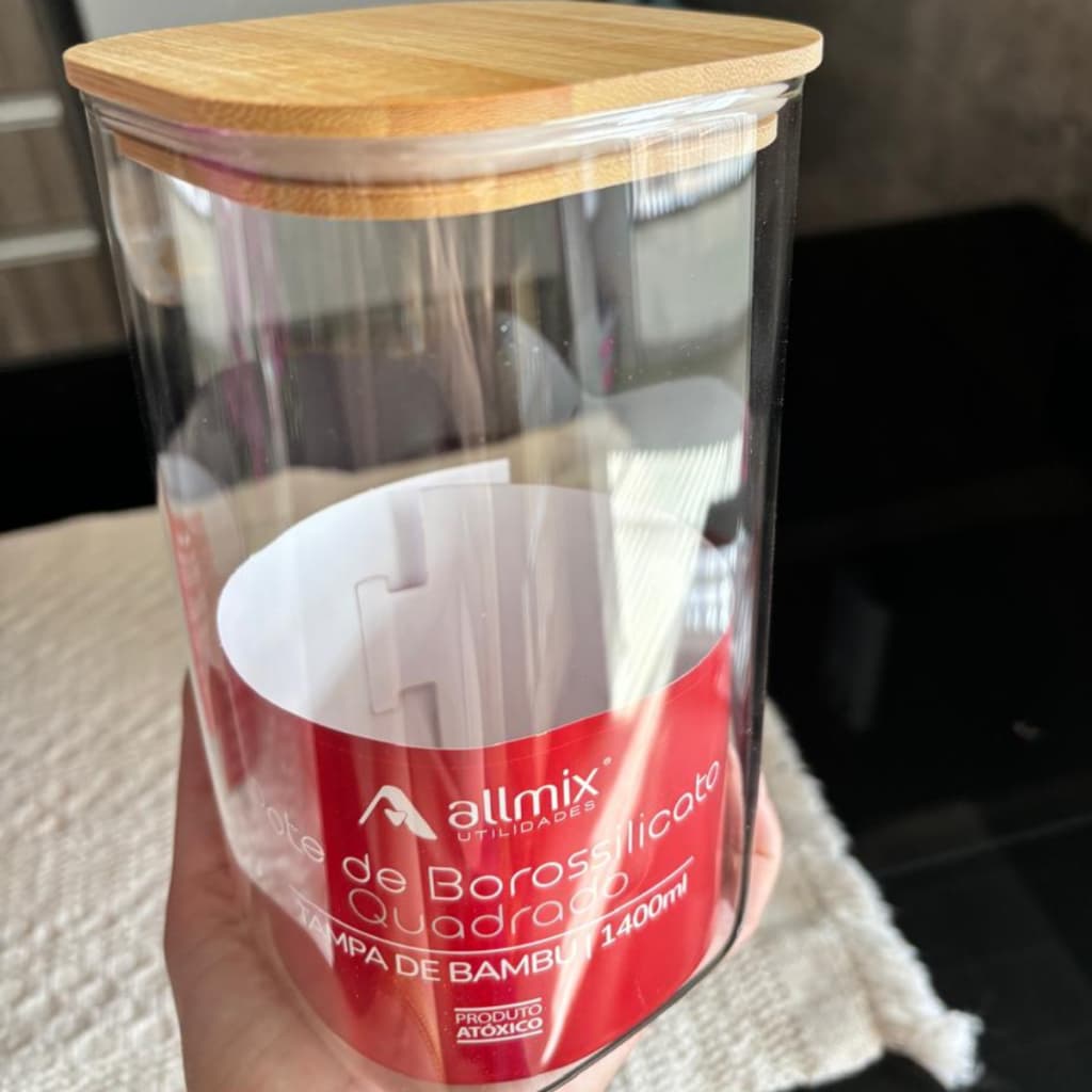 Pote Vidro Quadrado Tamanho Médio Tampa Bambu Transparente 1400ml