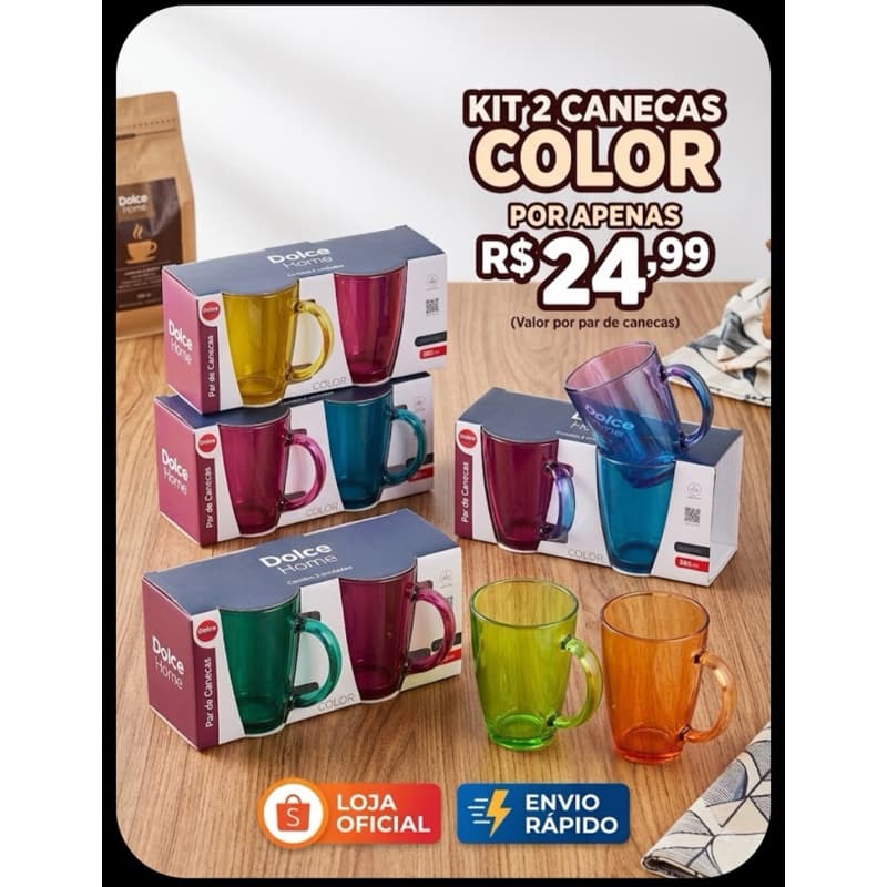 Jogo de 2 Canecas de Vidro 350ml Verona - Verde/Laranja: Resistente, Vidro de Qualidade, Fácil de Limpar