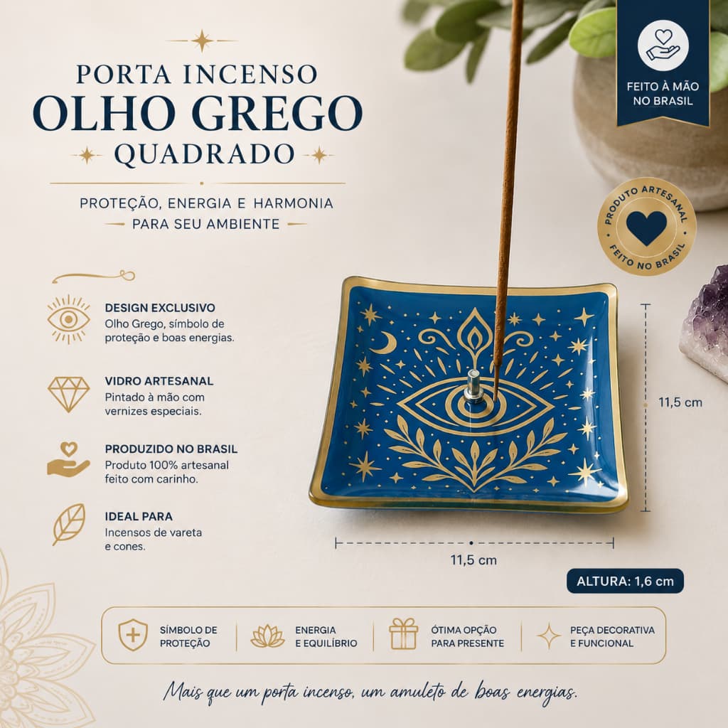 Incensário Quadrado 12x12 cm Estampa Olho Grego nas Cores Azul e Dourado para lhe trazer Paz e Proteção