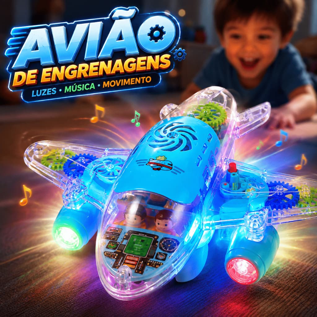 Avião de Brinquedo Infantil com Luzes, Música e Engrenagens Giratórias Anda Sozinho