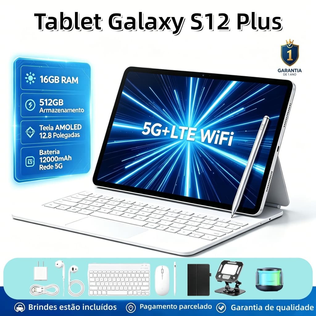 Tablet Galaxy S12 Plus 12,8 polegadas, 16 GB + 512 GB, bateria de 12.000 mAh, Android, 5G, Wi-Fi, teclado e mouse gratui
