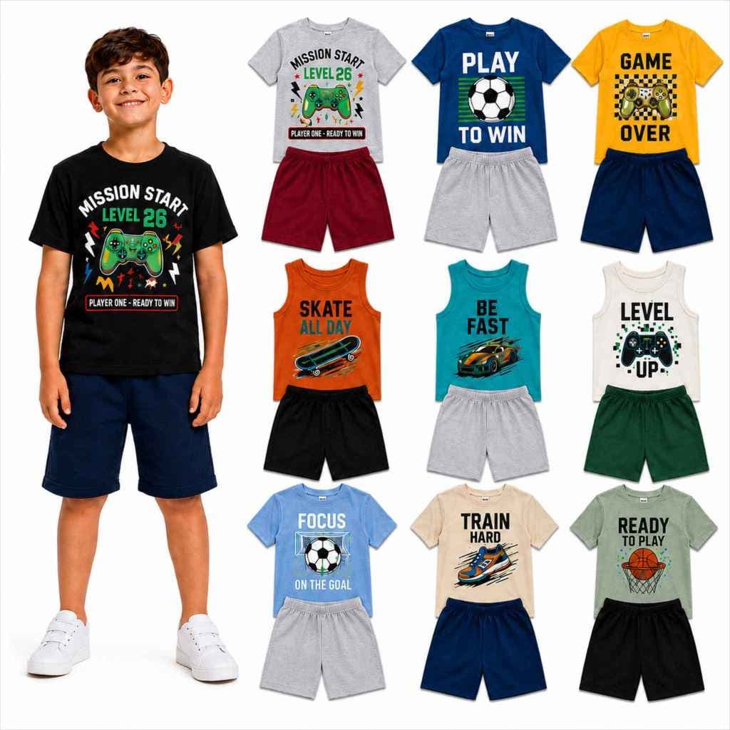Kit 6 Peças Conjunto Verão 3 Camisetas + 3 Bermudas Infantil Masculino/Menino Estampa Sortida