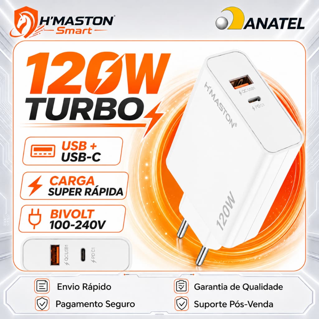 H'MASTON Y73-4 120W Carregador Turbo Tipo C Carregador De Celular Cabeça De Carregador