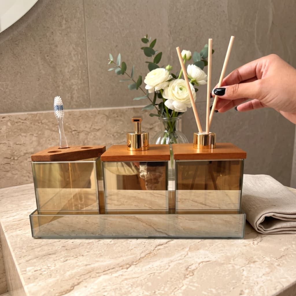 Kit Lavabo Banheiro Luxo Vidro e Madeira Porta Sabonete Líquido Difusor Aromatizador Porta Escova Bandeja