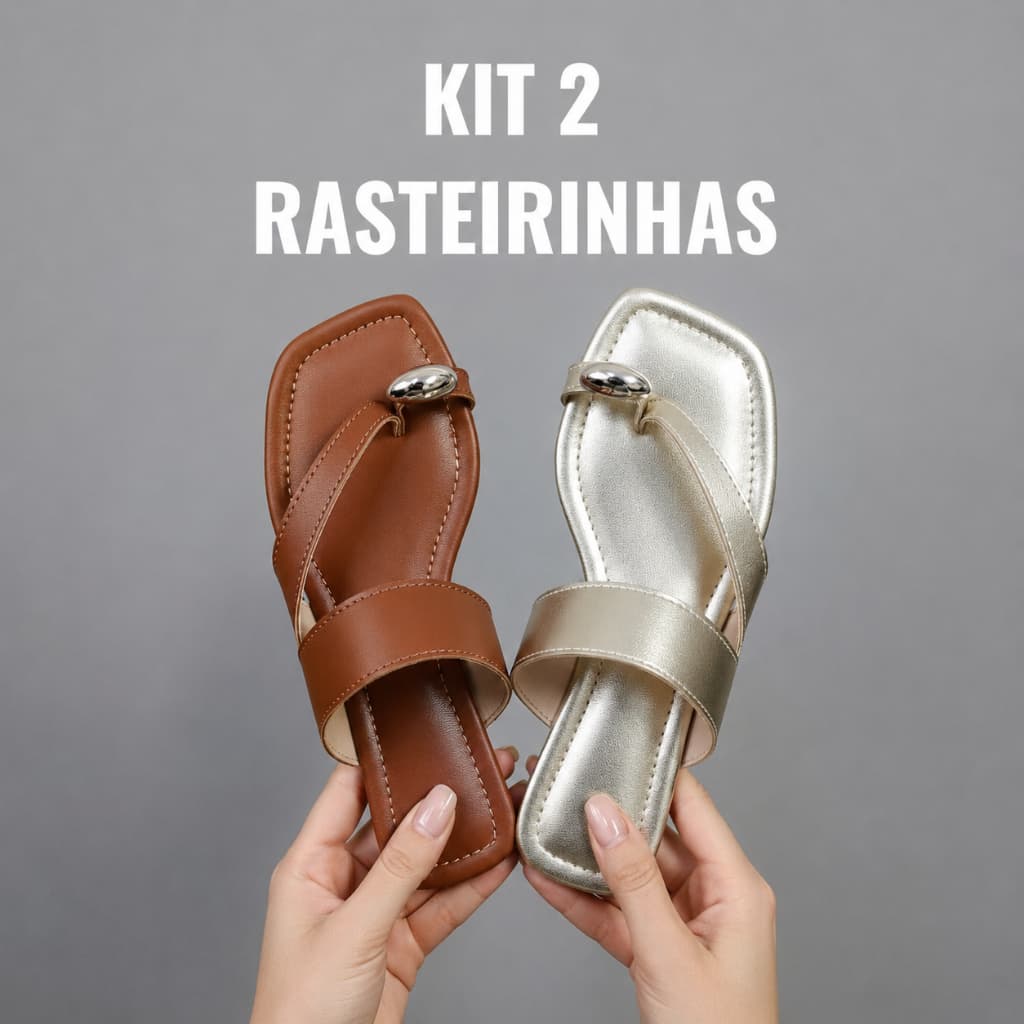 Kit 2 Pares Sandália Rasteirinha Feminina Bico Quadrado Verão Metalizada Luxo 33 ao 42