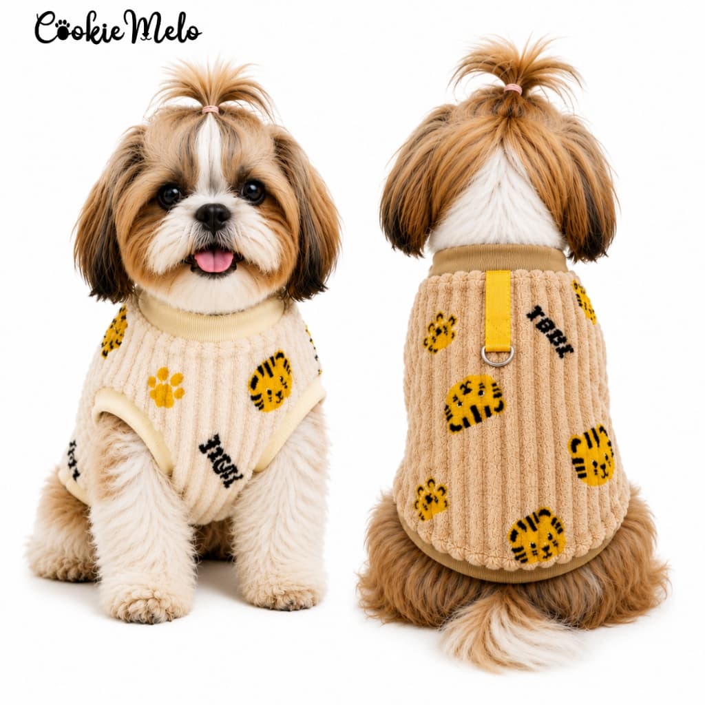 Roupa Pet Cachorro e Gato Estampa Tigre com Encaixe para Guia Algodão Quentinha Porte Pequeno e Médio
