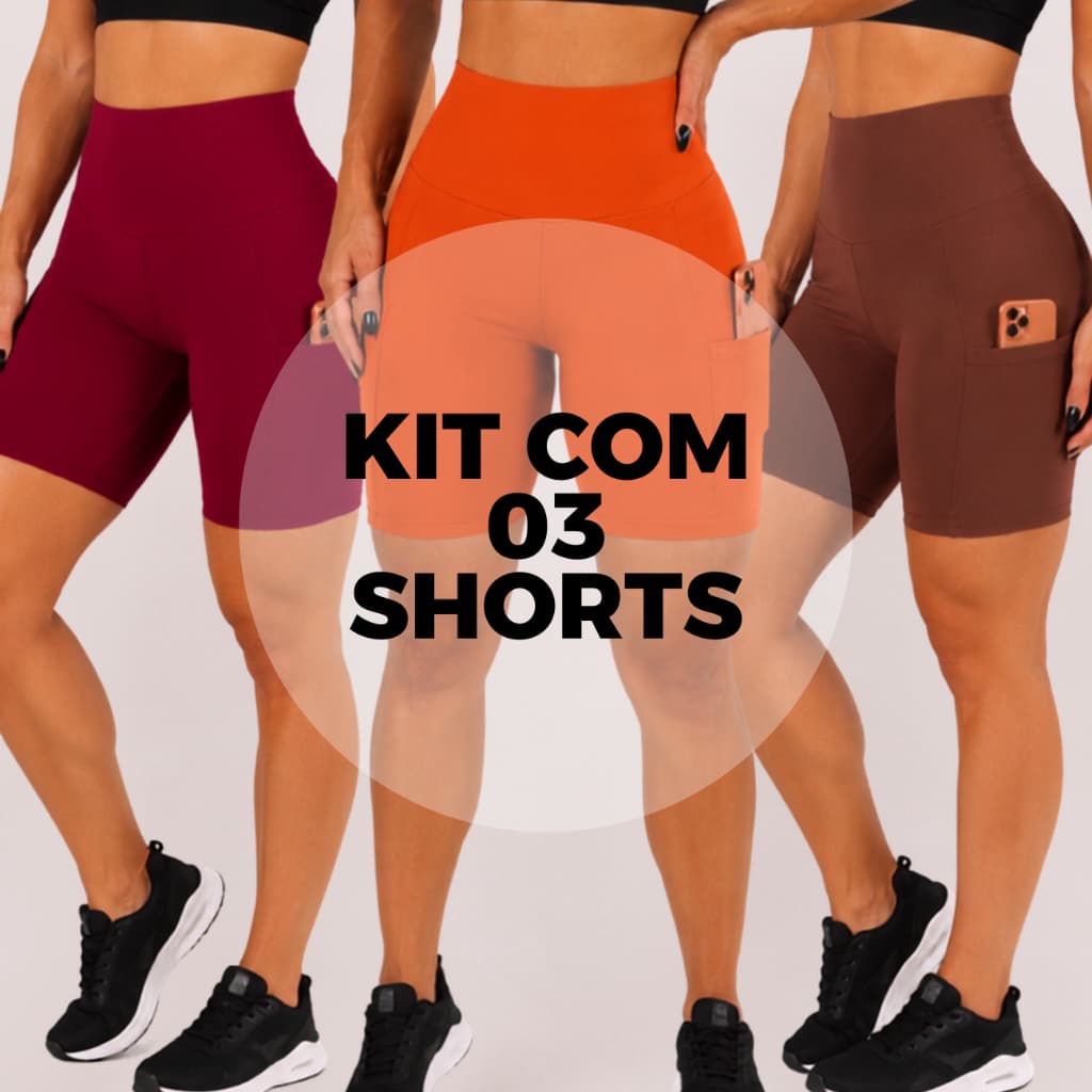 Kit 3 Shorts Feminino Fitness Suplex Cintura Alta Academia Treino Compressão Bolso Lateral