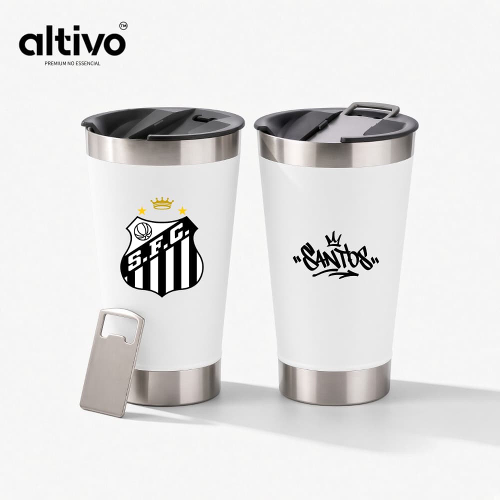 Copo Térmico Santos Futebol Clube de Futebol 473ML com Tampa Rosqueável e Abridor em Aço Inoxidável