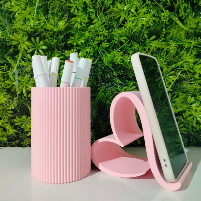 Conjunto Suporte de Mesa para celular mais Porta Lápis ou Pinceis Rosa