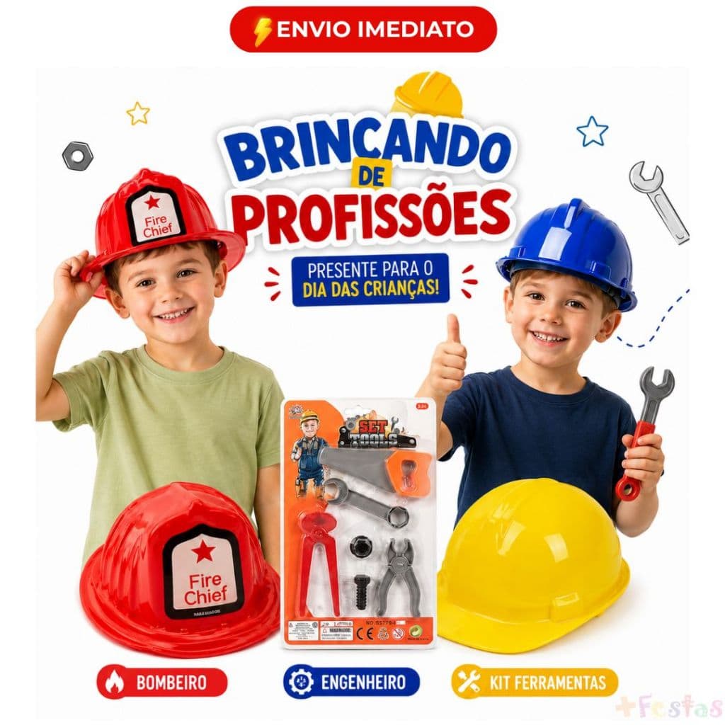 Kit Profissões Infantil Bombeiro Engenheiro Capacete + Ferramentas 6 Peças Dia das Crianças