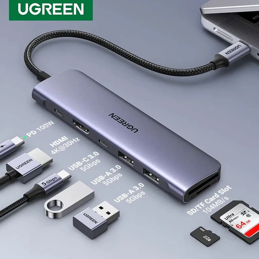 Hub Adaptador Ugreen 7 em 1 para (2 Usb A / Usb C / Hdmi 4K / SD Card / Usb C 100W Power Delivery)