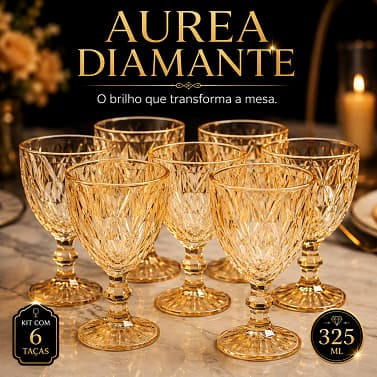 Jogo 6 Taças de Vidro Diamond Gold 325ml Douradas Elegantes