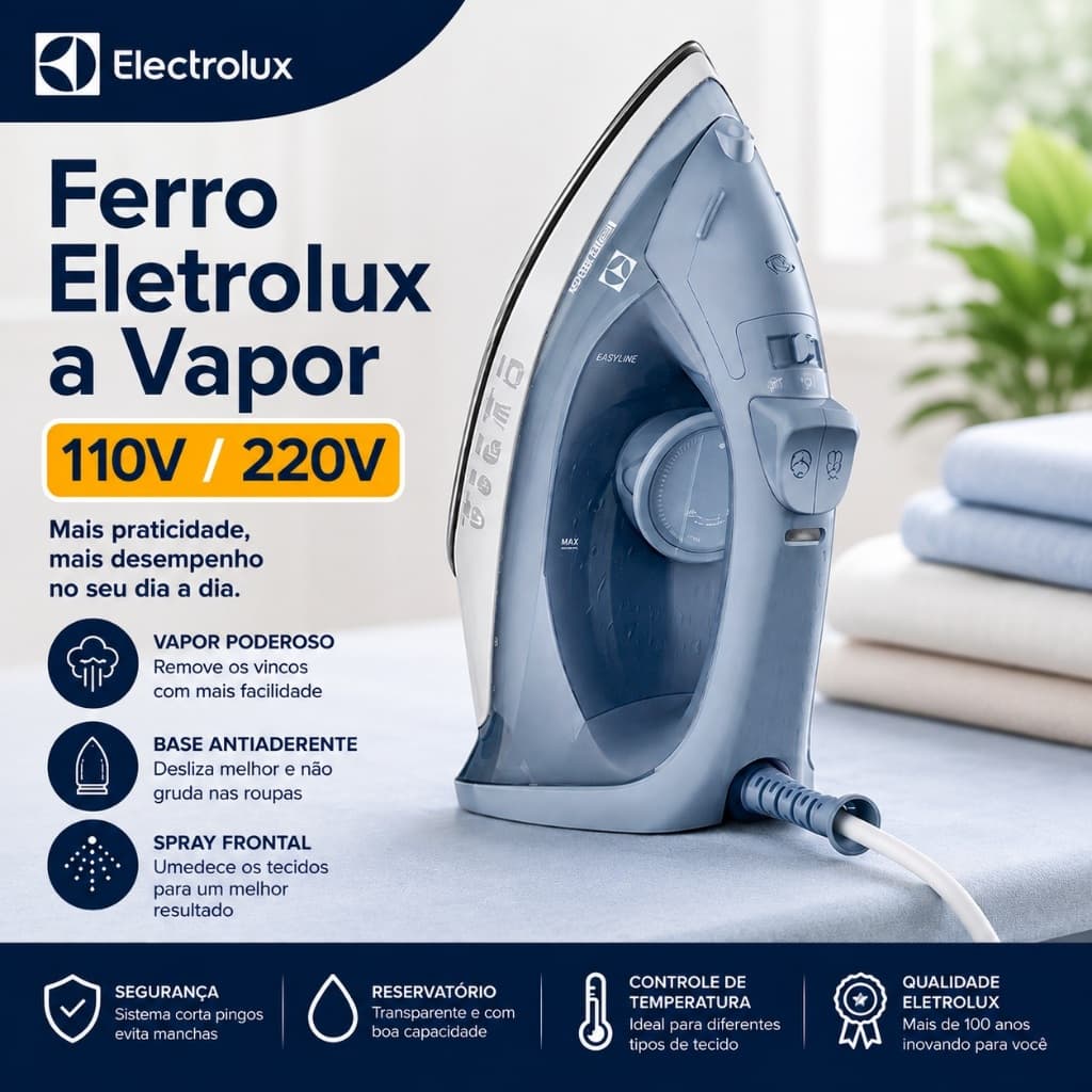 Ferro de Passar a Seco e Vapor Electrolux Efficient ESI10 Base Antiaderente Azul - 110V e 220V