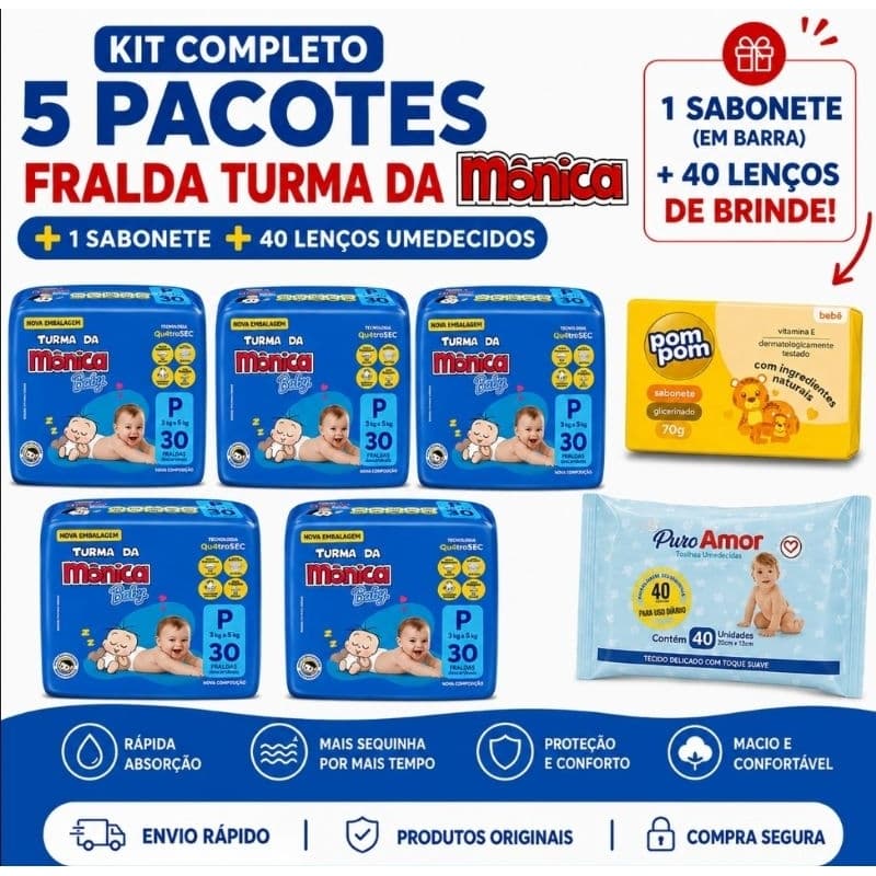 Fralda Turma da Mônica Baby Kit 5 Pacotes + Sabonete Infantil Promoção RN P M G XG