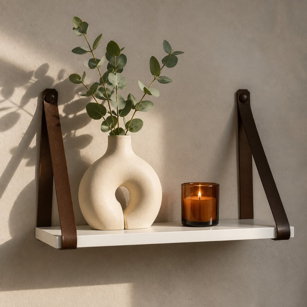 Prateleira Suspensa 45x15 Alça Couro Ecológico Marrom Branca Decoração Parede Quarto Bebê Organizador Mdf Multiuso Nicho