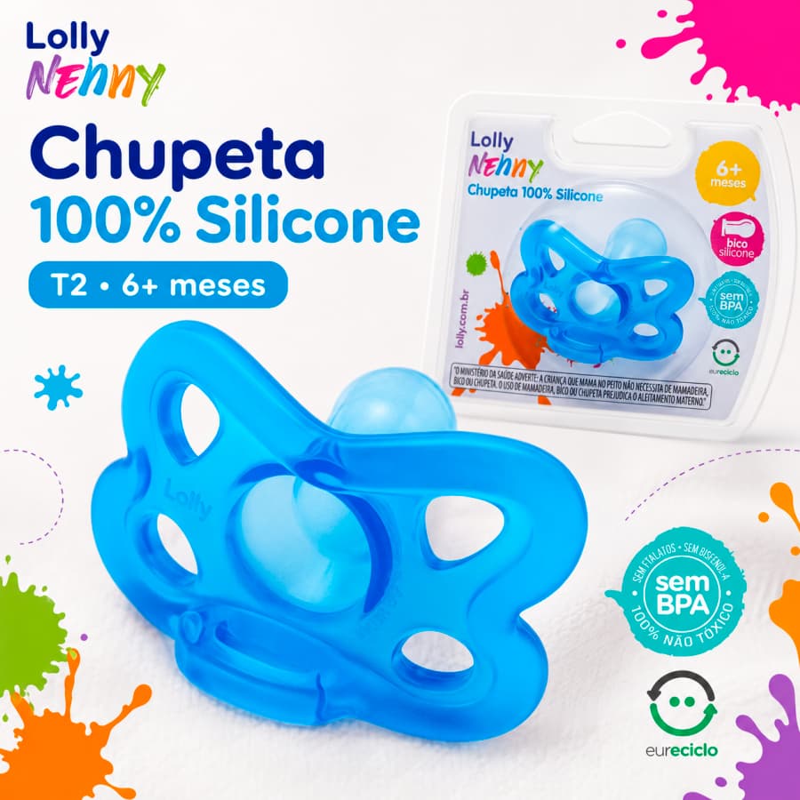 Chupeta 100% Silicone Bico Redondo T2 +6 Meses Azul Lolly Ortodôntica Design Ergonômico Fácil De Limpar