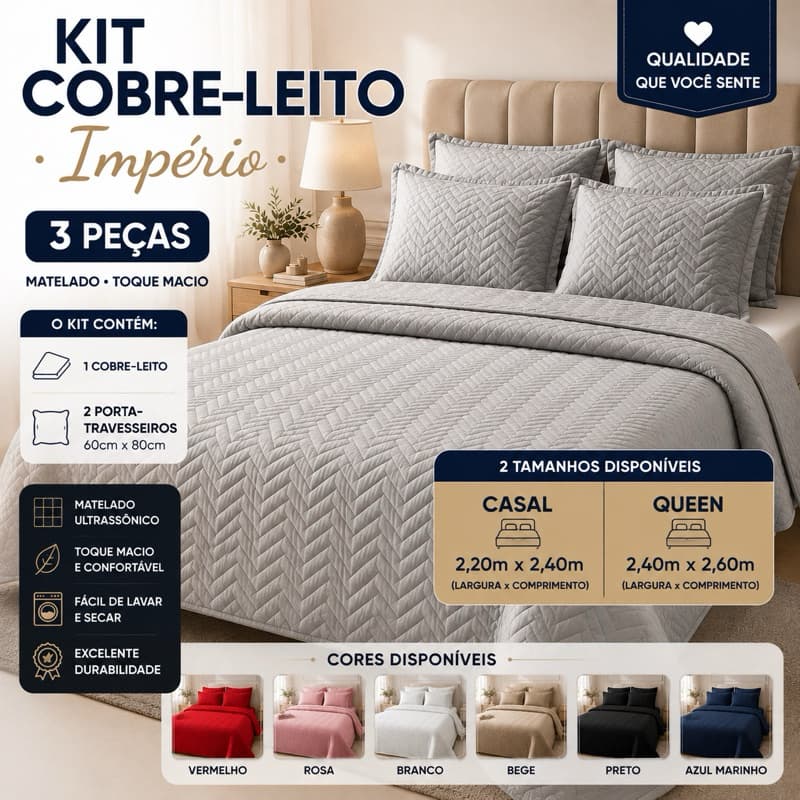 Kit Colcha Cobre-Leito 3 Peças Império Matelado Casal/Queen Toque Macio