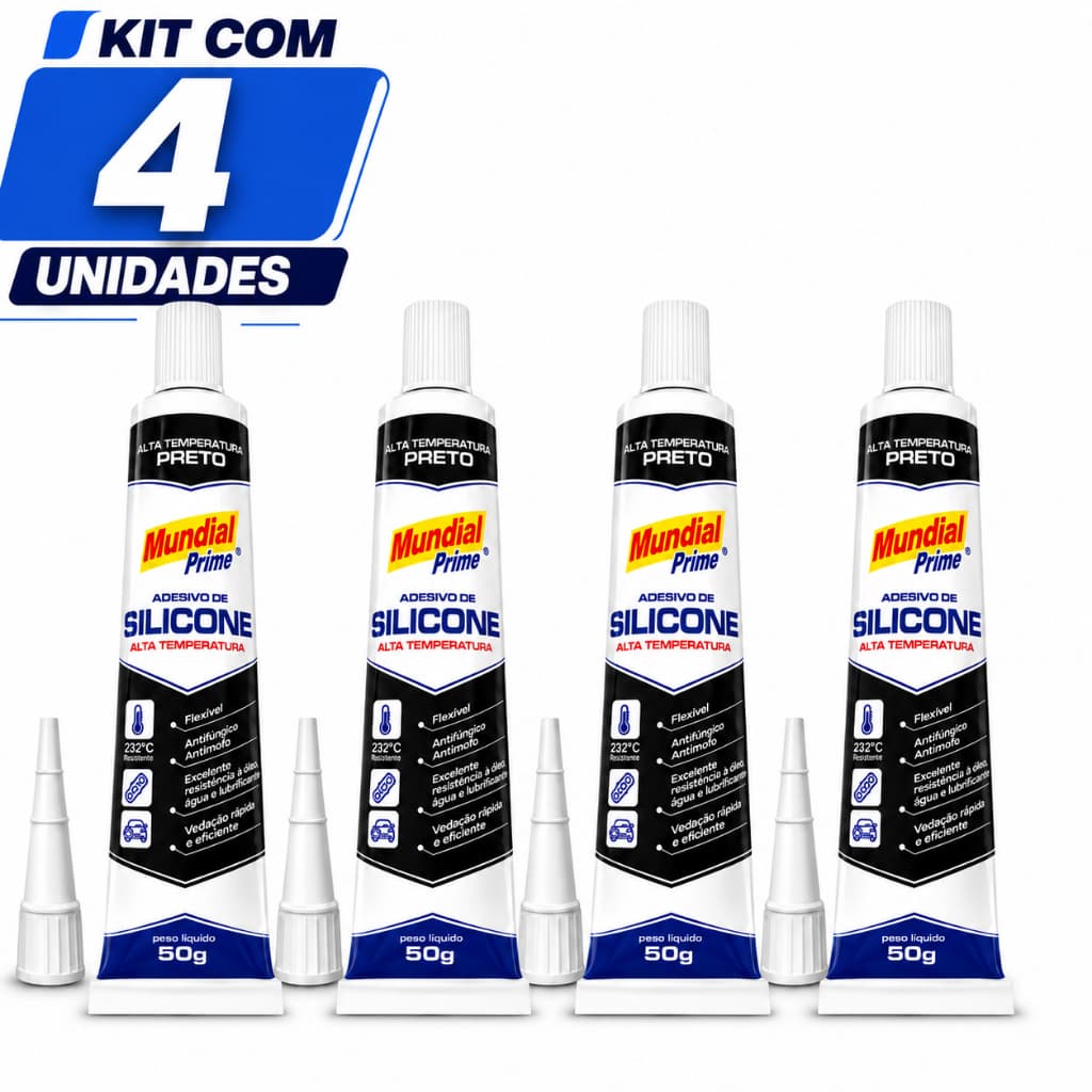 Kit 4 Adesivo Silicone Alta Temperatura Mundial Preto Prime 50g Cola Junta Motor Câmbio Vedante Automotivo