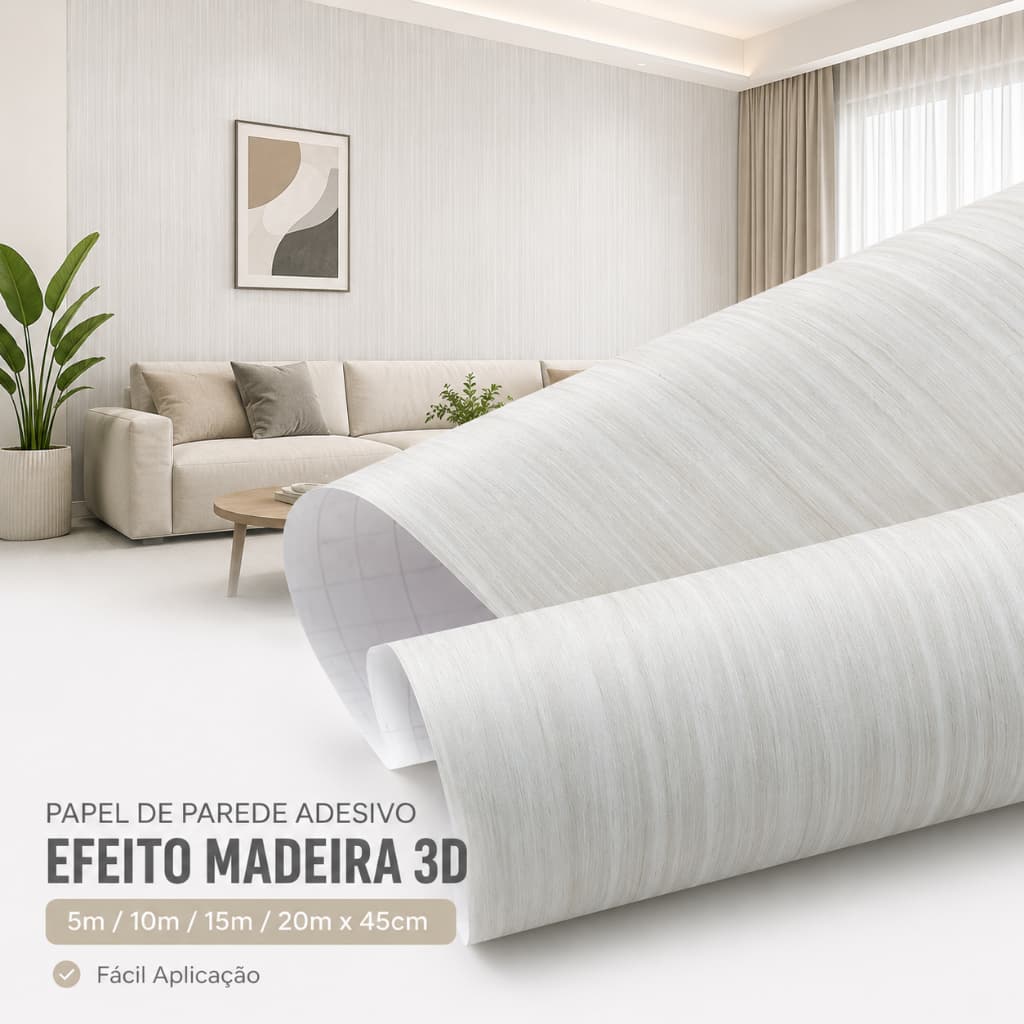 Papel de Parede Adesivo Madeira 3D Branco Texturizado 5m/10m/15m/20m x 45cm Autocolante PVC Lavável Decorativo