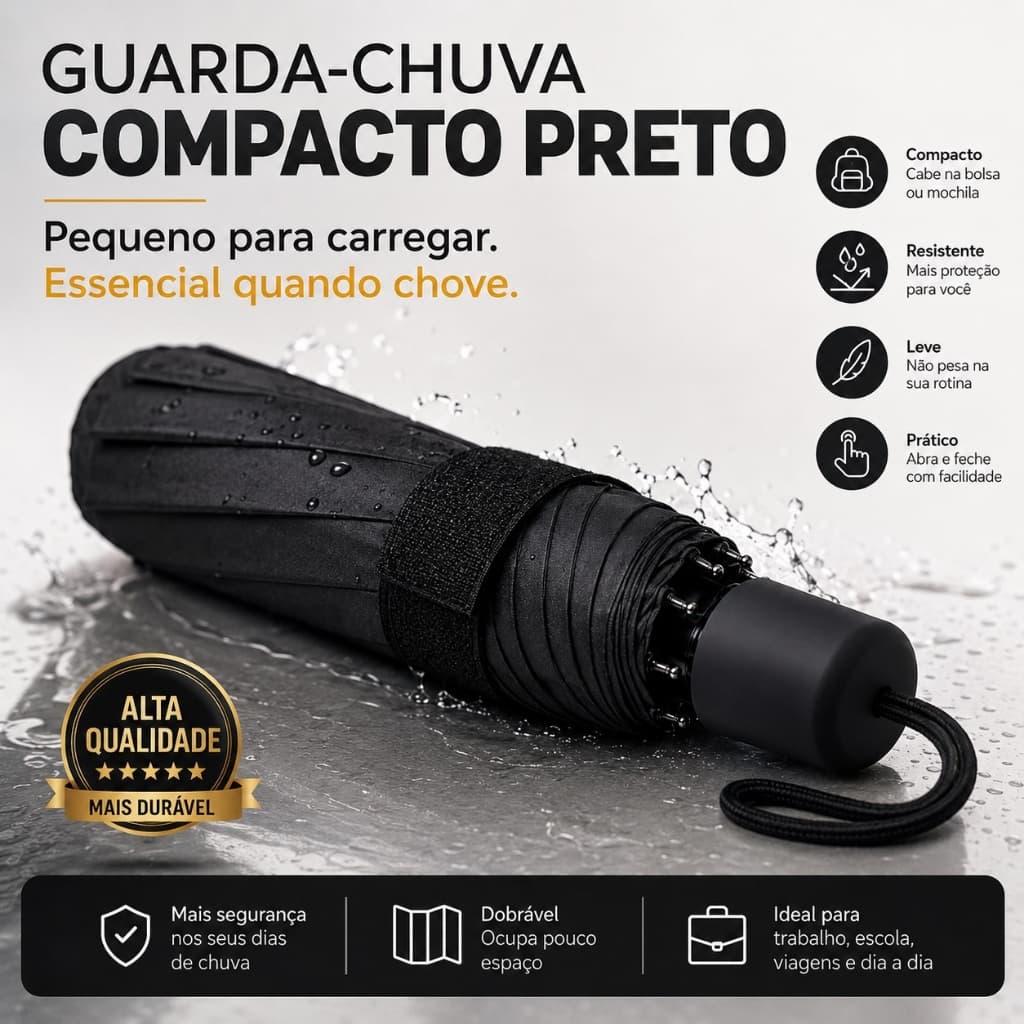 Guarda-Chuva Compacto Preto Dobrável Portátil Leve Resistente para Bolsa Mochila