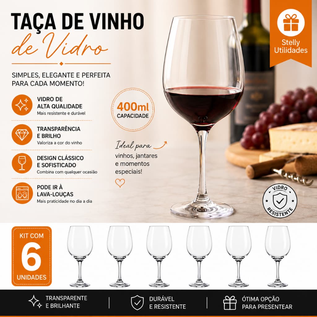Jogo 6 Taças Vinho Tinto 400ml Vidro Transparente