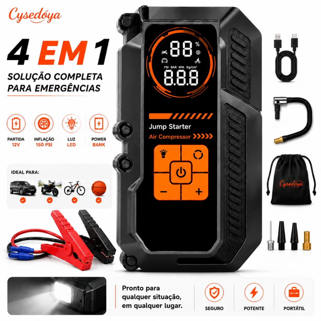 Auxiliar de Partida Veicular 12V Portátil com Compressor de Ar, Power Bank, Lanterna LED e Cabo de Partida, jump starter