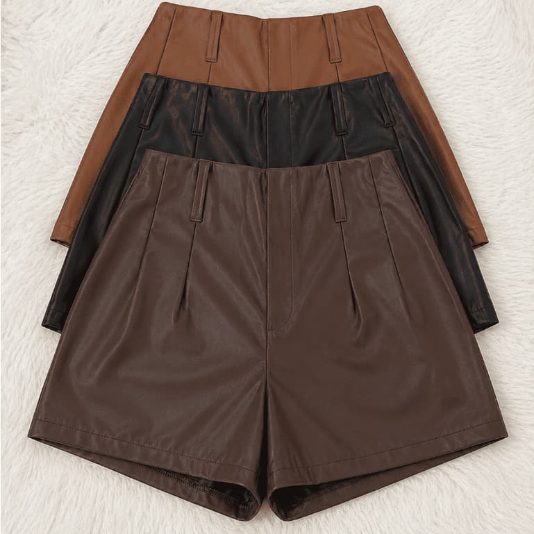 Shorts Feminino Couro Fake Cintura Alta Couro Sintético Ziper Lateral