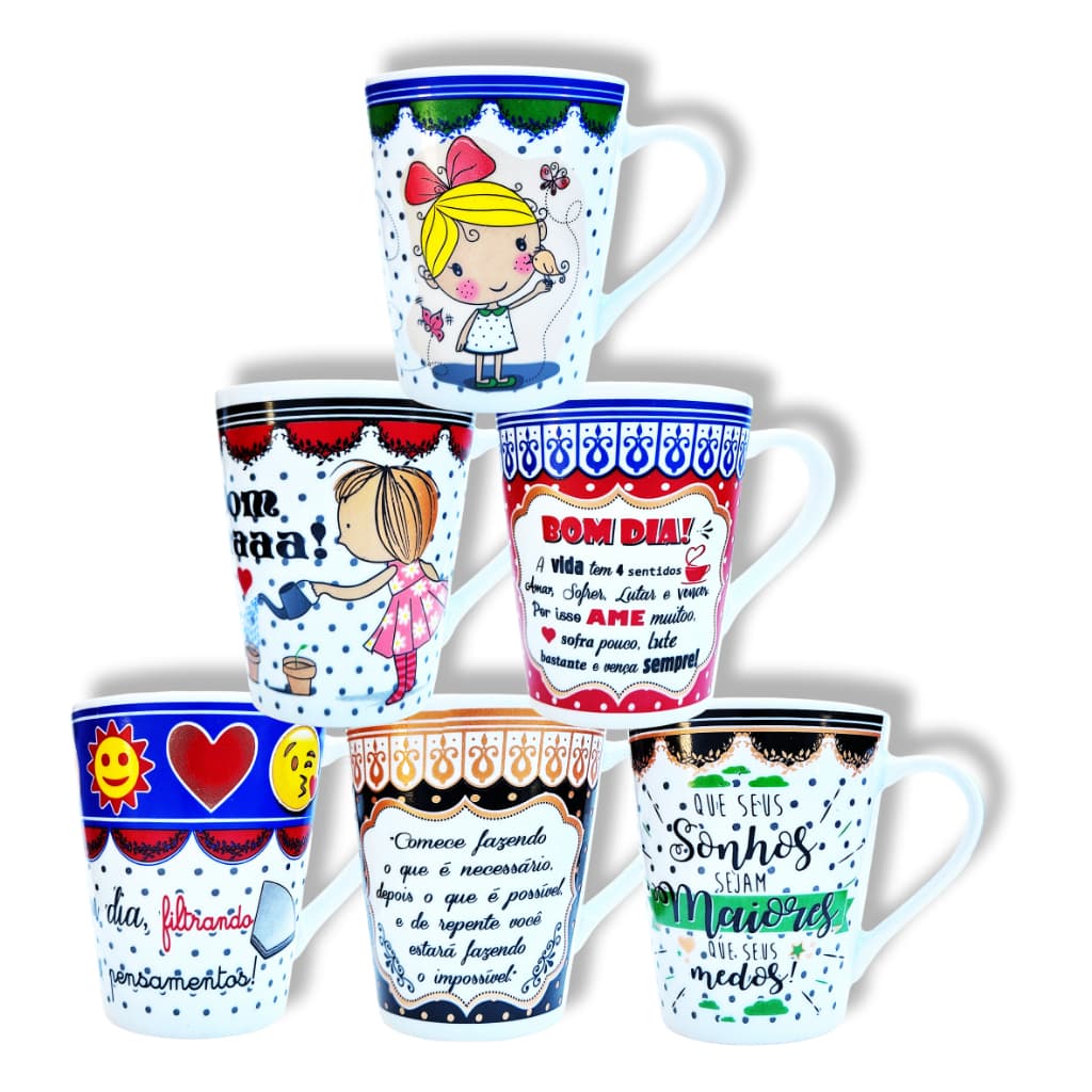 Canecas de porcelana decoradas - Coleção 01 - FRASES - 6 canecas