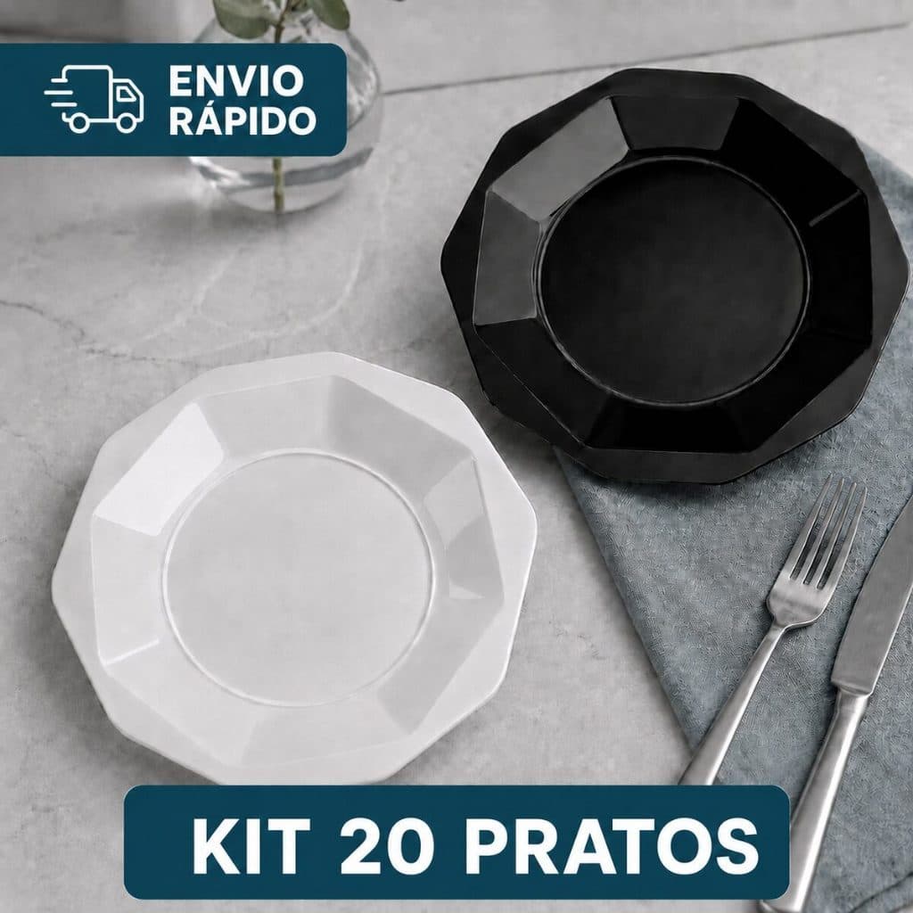 Conjunto 20 Pratos Plásticos Oitavados 25 cm em PP Reutilizáveis para Refeições Churrasco Festas e Porções