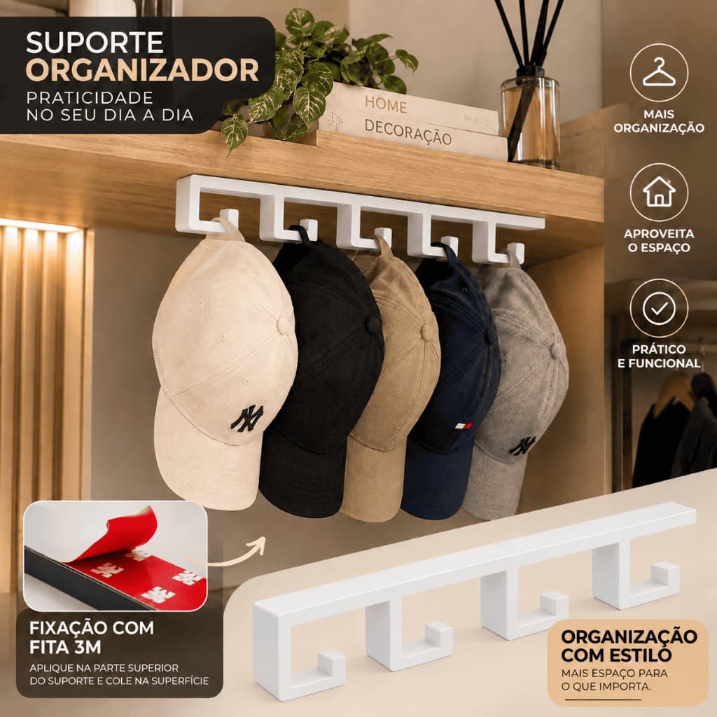 Suporte Organizador de Parede com 4 Ganchos Multiuso para pendurar Bonés Toalhas Bolsas roupas e Acessórios para Casa