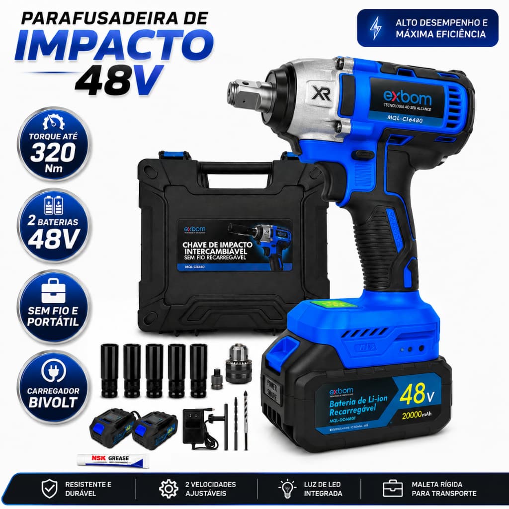 Parafusadeira Furadeira de Impacto 48V 320Nm 2 Baterias Soquetes Brocas Maleta Bivolt
